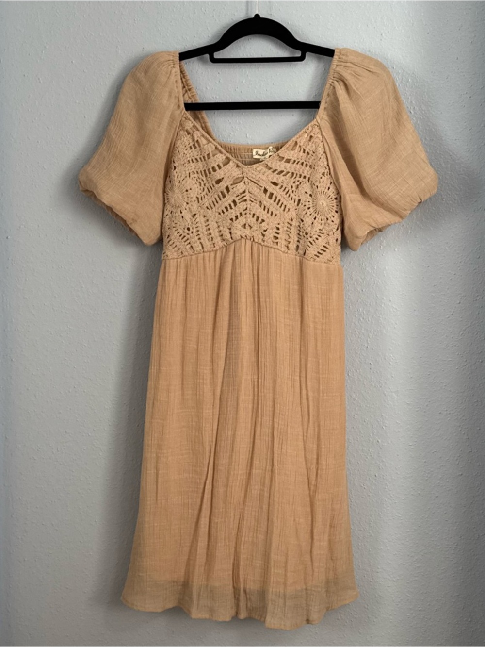 Boho Crochet Yoke Mini Dress in Beige